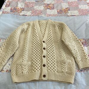 Handmade Cable Knit Cardigan Sweater Cream leather Button Small Medium